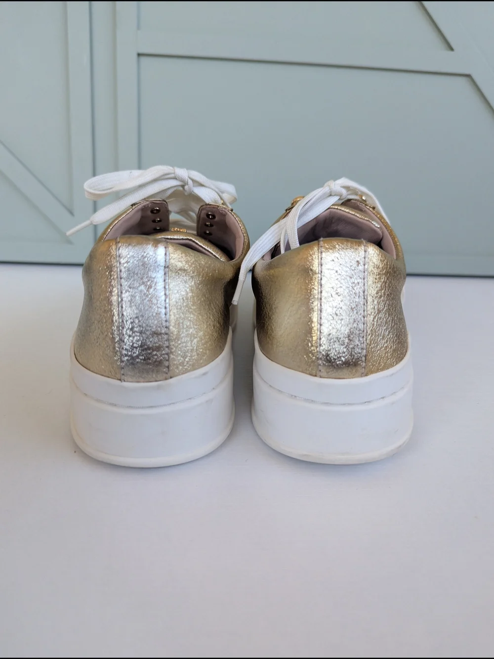Stuart Weitzman Metallic Gold Pearl-Trim Sneakers
